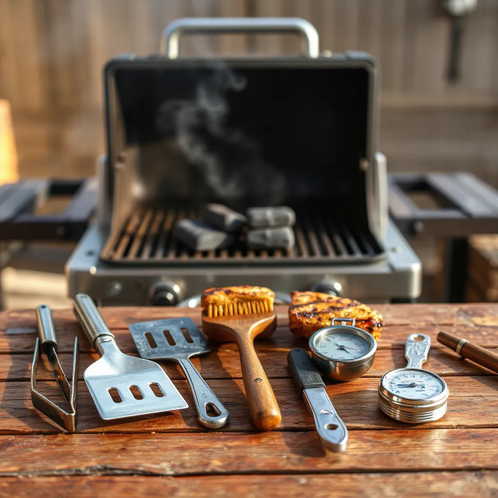 Essential grilling tools arranged next to a barbecue grill on a wooden outdoor table
