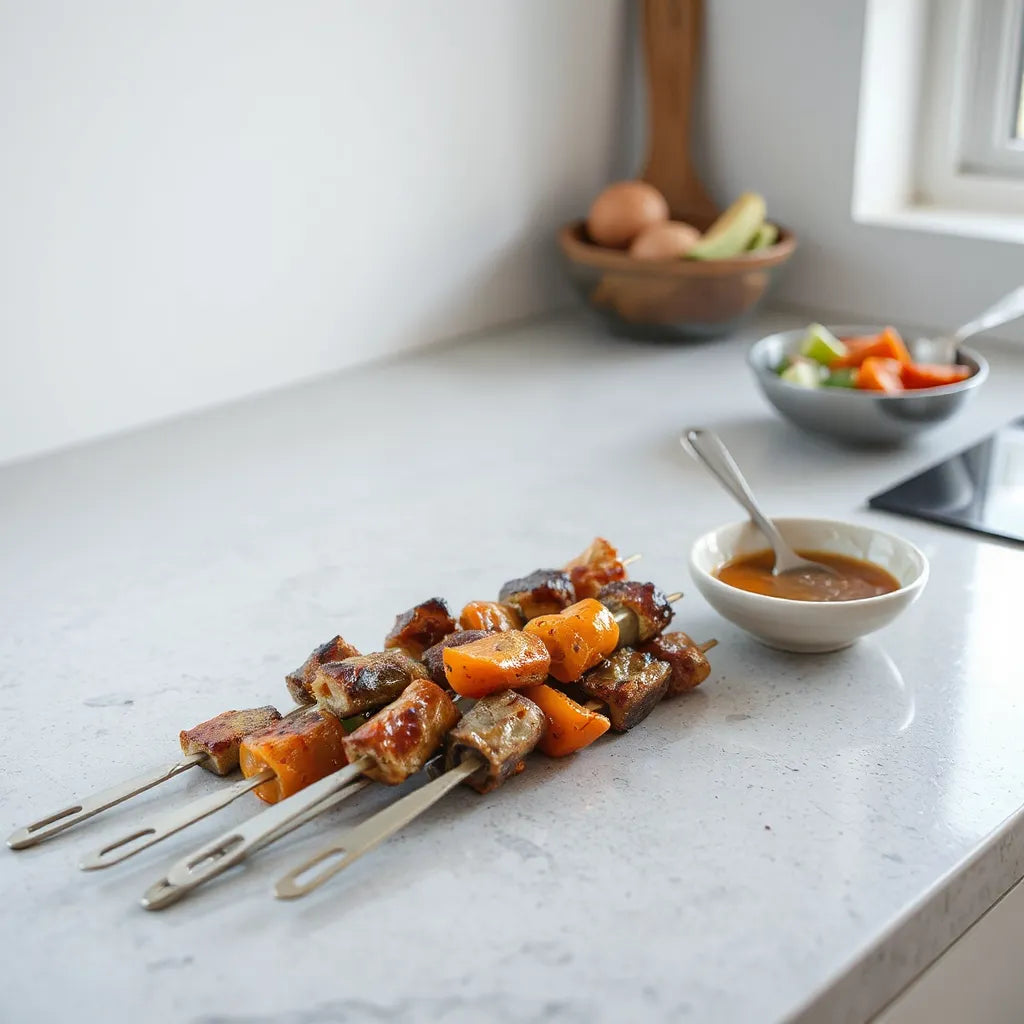 Stainless steel kebab sticks beside chopped vegetables and marinade on a clean kitchen counter