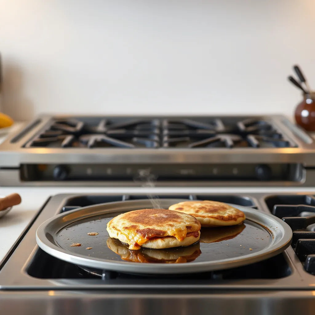 Stainless flat top griddle with sizzling smash burger and pancakes under warm kitchen lighting
