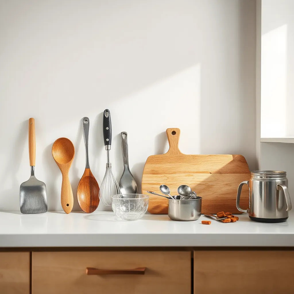 Assorted kitchen utensils neatly arranged on a clean countertop with soft natural light