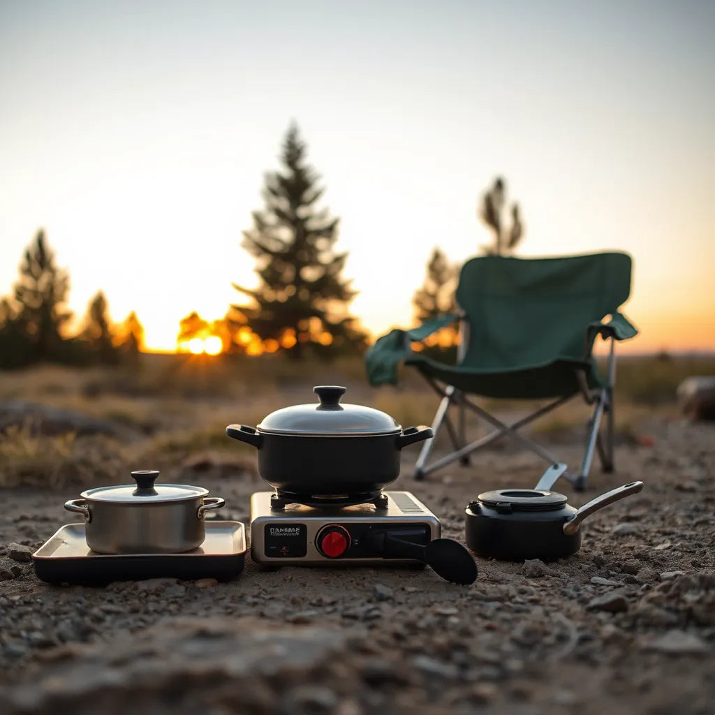 Lightweight camping cookware set with pot and pan beside a camp stove at a quiet forest campsite