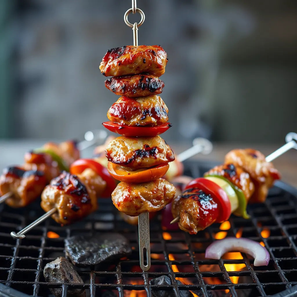 Grilled barbecue skewers with chicken and vegetables over an open flame