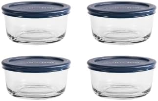 Anchor Hocking 2 Cup Glass Storage Containers with Lids, Set of 4 Glass Food Storage Containers with Navy SnugFit Lids