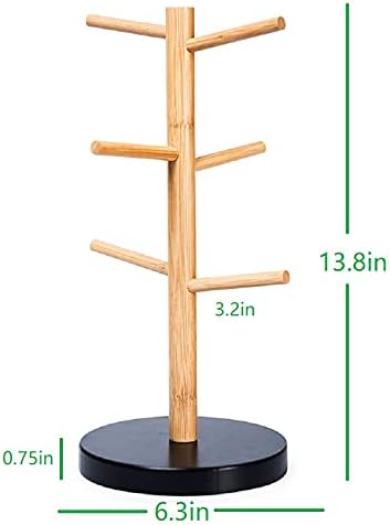 Wisuce Bamboo Coffee Mug Holder Tree, Thicker Base Coffee Cup Holder Stand for Counter, Mug Rack with 6 Hooks