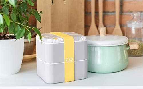 monbento - Large Bento Box MB Square Daisy with Compartments - Leakproof Lunch Box for Work and Meal Prep - BPA Free - Food Grade Safe - Flowers Pattern - Grey