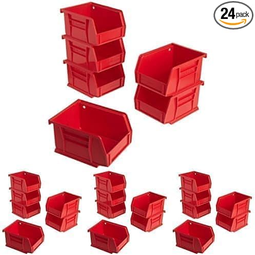 Akro-Mils 30210 AkroBins Plastic Storage Bins, Space-Saving Stackable Bins for Garage, Pantry, Craft Organization, 5" x 4" x 3", Red, (Pack of 24)