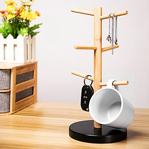 Wisuce Bamboo Coffee Mug Holder Tree, Thicker Base Coffee Cup Holder Stand for Counter, Mug Rack with 6 Hooks