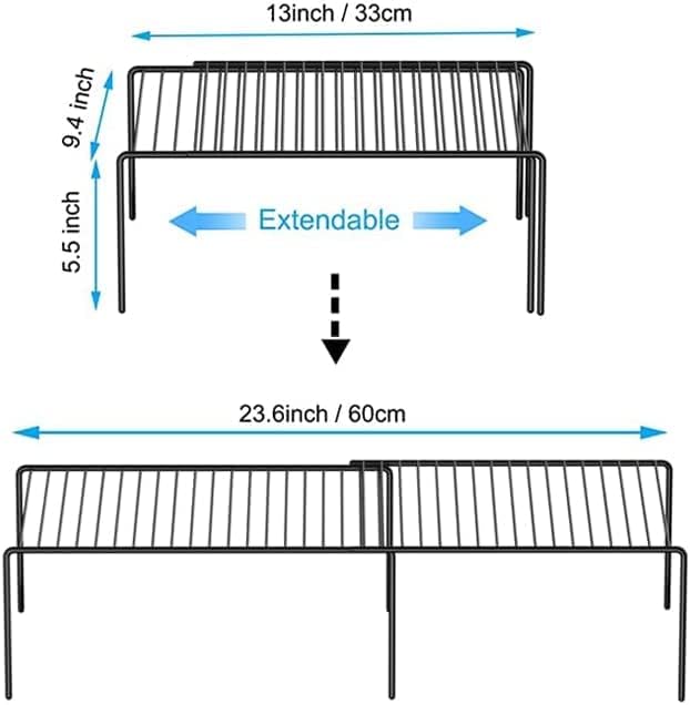 Kitchen Cabinet Expandable Shelf Organizers Set of 2, Adjustable Metal Wire Pantry Storage Shelves, Plate Dish Organizer Rack for Cabinets, Cupboard, Counter, Freezer, Countertop, Black
