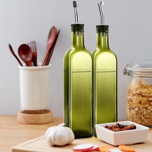 Olive Oil Dispenser Bottle, 1 Pcs Green Glass Olive Oil Dispenser and Vinegar Dispenser Set with 2 Stainless Steel Pourers, 2Labels,1 Brush and 1 Funnel Oil Bottles for Kitchen, 17 oz(500ml)