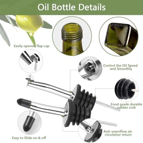 Olive Oil Dispenser Bottle, 1 Pcs Green Glass Olive Oil Dispenser and Vinegar Dispenser Set with 2 Stainless Steel Pourers, 2Labels,1 Brush and 1 Funnel Oil Bottles for Kitchen, 17 oz(500ml)