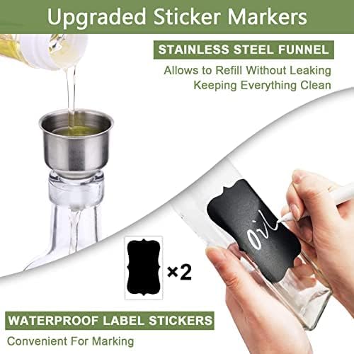 Olive Oil Dispenser Bottle, 2 Pcs Glass Olive Oil Dispenser and Vinegar Dispenser Set with 2 Stainless Steel Pourers, 4 Labels,1 Brush and 1 Funnel Oil Bottles for Kitchen (500ml)