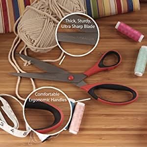 BambooMN Titanium Softgrip Scissors Set for Sewing, Arts, Crafts, Office - 10 Sets of 3 - Red w/Black Inlays