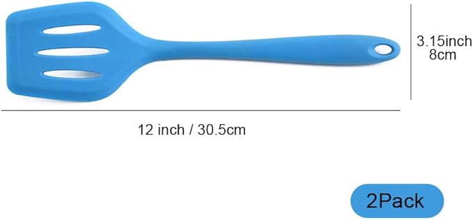 2Pack Small Silicone Turner High Heat Resistant Slotted Spatula for Fish, Eggs, Pancakes and More (12 IN, Blue)