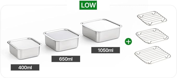 CuBE Low 3PCS Set Stainless Steel Food Storage Containers With Lids and 3 Net Kitchen Appliances Dishwasher Safe Premium South Korea