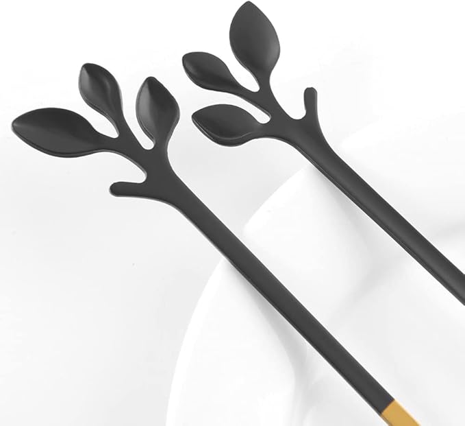 AnSaw Elegant Black & Gold Leaf Espresso Spoons - 10-Piece, 4.7" Mini Stainless Steel Coffee & Dessert Tea Spoons, Perfect for Demitasse & Small Servings