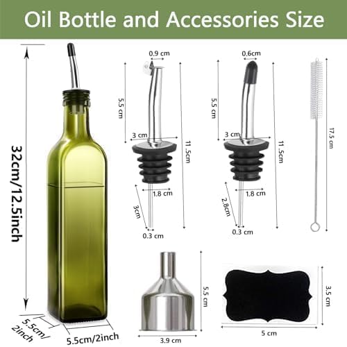 Olive Oil Dispenser Bottle, 1 Pcs Green Glass Olive Oil Dispenser and Vinegar Dispenser Set with 2 Stainless Steel Pourers, 2Labels,1 Brush and 1 Funnel Oil Bottles for Kitchen, 17 oz(500ml)