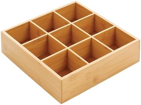 mDesign Bamboo Kitchen Pantry Storage Organizer Box - 9 Divided Sections, Open Top, Decorative Holder for Tea Bags, Snack Packets, Small Items, Accessories, Echo Collection - Natural Wood/Tan