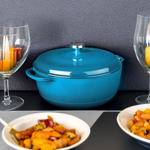 Lodge 7.5 Quart Enameled Cast Iron Dutch Oven with Lid – Dual Handles – Oven Safe up to 500° F or on Stovetop - Use to Marinate, Cook, Bake, Refrigerate and Serve – Cornflower Blue
