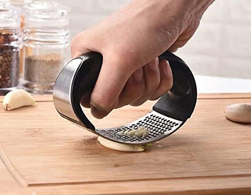 Angel's Peel Lounge Stainless Steel Garlic Press Rocker Set with Silicone Garlic Peeler & Cleaning Brush – Garlic Chopper, Mincer, Grater, Crusher – Easy for Crushed Cloves – Rust-Resistant, Black