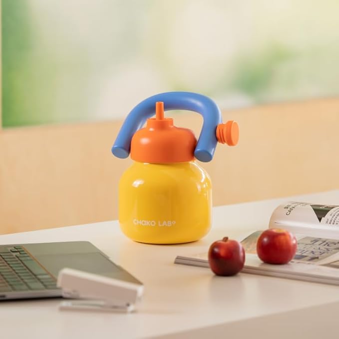 CHAKO LAB Water Bottle with Straw and Carry Handle | Wide Mouth vacuum insulated stainless steel Bottles | Reusable, leak-proof and BPA-free | 33oz(Yellow and blue)