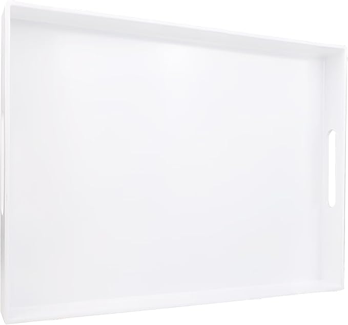 White Serving Tray for Coffee Table, Rectangular Plastic Decorative Tray with Handles for Entertaining, Outdoor Patio, Living Room, Ottoman, Bathroom Counter, 11.8”*15.7”*1.6”