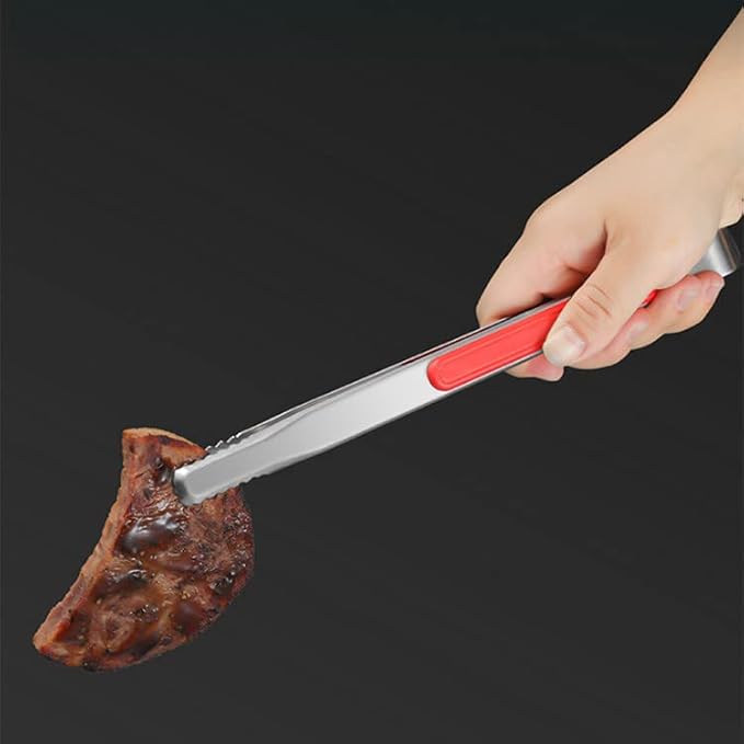 3-Piece Stainless Steel BBQ Tongs Set - Heavy Duty Food Tongs for Korean Barbecue, Grilling, Kitchen, Serving with Secure Grip (2 Black, 1 Red)