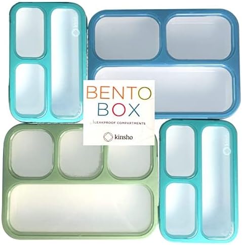 kinsho Bento-Box Lunch and Snack Boxes. Family Pack of 4 Meal Planning Portion Containers For Kids, Women, Adults. BPA Free. Utensils, Blue & Green Set (2 large + 2 Mini)
