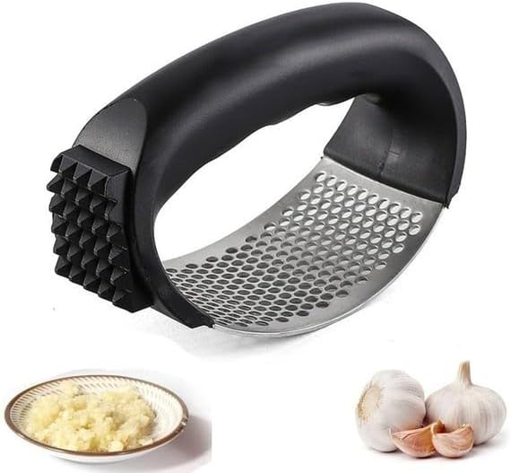 Garlic Press Rocker Stainless Steel Ginger Crusher, Garlic Mincer and Squeezer Kitchen Gadget with Ergonomic handle, Silicone Tube Garlic Peeler, Scraper and Cleaning Brush Tool Set(Black)