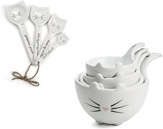 White Cat Measuring Cups & Spoons Gift Set – Ceramic Kitchen Tools for Cat Lovers & Bakers – 4 Measuring Cups and 4 Measuring Spoons – Unique Gift for Kitchen, Baking, and Cat Lovers