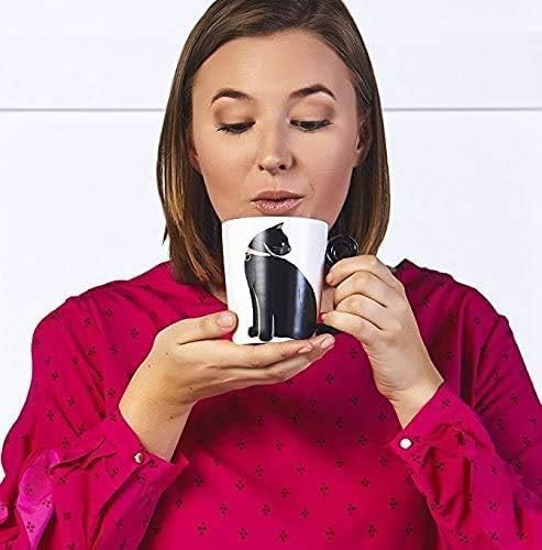 VOTUM Black Cat Ceramic White Coffee or Tea Mug - Animal Shaped Cup with Hand Printed Designs - Cute Handmade Gift for Men or Women Cat Lovers - 12 Fluid Ounce