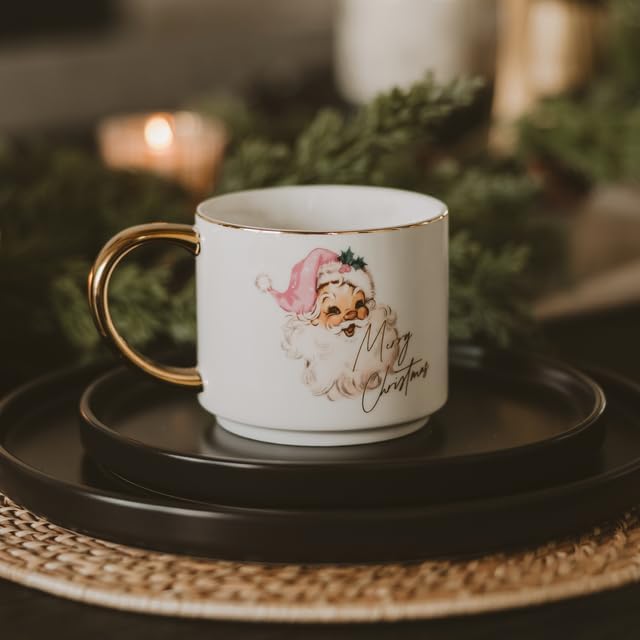 Sweet Water Decor Santa Coffee Mug, 14oz China Christmas Mug with Gold Handle, Large Holiday Winter Cup for Coffee, Tea & Hot Chocolate, Stocking Stuffer Gifts for Women