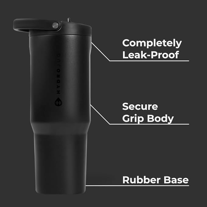HydroJug Sport - Stainless Steel Tumbler with Straw, Vacuum Insulated, 32oz Leakproof Water Bottle, Ergonomic Design, Reusable, Dishwasher Safe, Rubber Base, Durable for Gym or Outdoors, Black