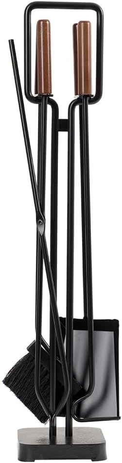 Modern Ember Levi 5 Piece Fireplace Tool Set in Black with Maple Wood Handles | Includes Brush, Shovel, Fire Poker, Tongs, and Stand | Heavy-Duty Steel | Heat-Resistant Powder Coating