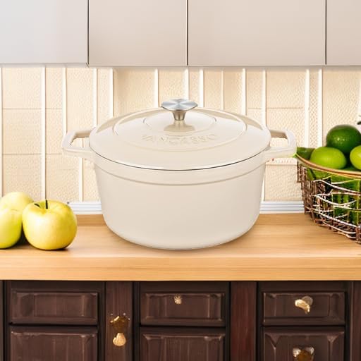 vancasso Cast Iron Dutch Oven, 6 QT Round Pot with Lid and Dual Handles, Non Stick Enamel Coating for Bread Baking, White