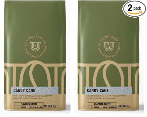 Holiday Peppermint Candycane Flavored Ground Coffee, 1 LB (16 oz) bag, Medium Roast, 100% Arabica Premium Quality Flavor (Pack of 2)