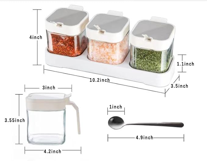 Mlici 8.6 oz Condiments Container Seasoning Jars, Kitchen Spicy Jars with Lids and Spoons, Tea Coffee Sugar Canisters Glass Spice Box, Set of 3, Containers, White