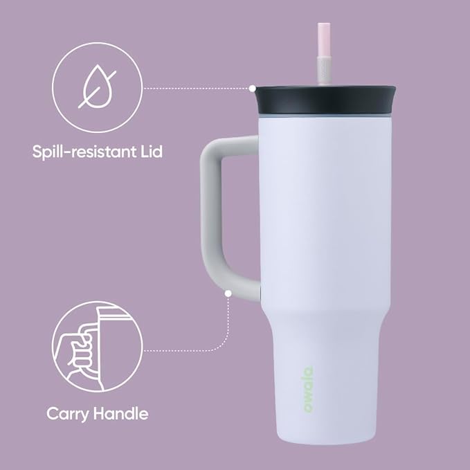 Owala Stainless Steel Triple Layer Insulated Travel Tumbler with Spill Resistant Lid, Straw, and Carry Handle, BPA Free, 40 oz, Purple (Bunny Hop) (Pack of 6)