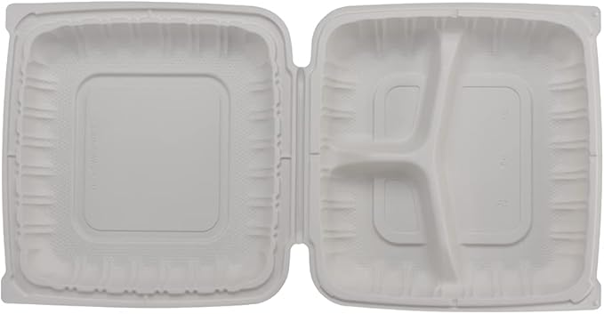 TIYA Clamshell Food Containers - 3-Compartment To-Go Containers - Microwavable Plastic with Hinged Lid - Great for Meal Prep (Bulk 150 Pack, White, 9x9 in) - BPA-Free