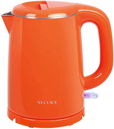 Secura Stainless Steel Double Wall Electric Kettle Water Heater for Tea Coffee w/Auto Shut-Off and Boil-Dry Protection, 1.0L (Orange) SWK-1001DO/HB-K012