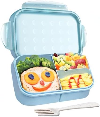 Wheat Straw Lunch Box, Leakproof Bento Box for Kids, BPA-Free Lunch Containers for Adults with 3 Compartments, Microwave Safe (Blue, Regular Size)