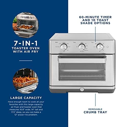 GE Mechanical Air Fryer Toaster Oven + Accessory Set | Convection Toaster with 7 Cook Modes | Large Capacity Oven - Fits 12" Pizza | Countertop Kitchen Essentials | Stainless Steel