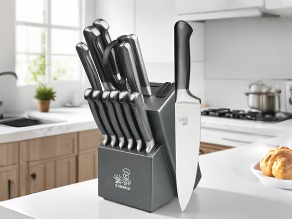 CHUSHIJI knife set with block and Sharpener, 15-Piece Premium Knife Block Set,Anti-slip Handle,Kitchen knife set with Built-in Sharpener,Gift Box Included, Grey