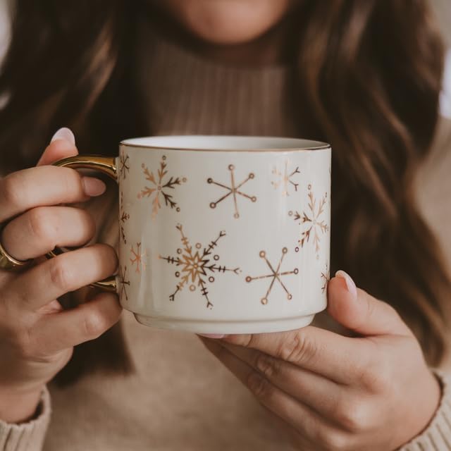 Sweet Water Decor Gold Snowflake Coffee Mug, 14oz China Christmas Mug with Gold Handle, Large Holiday Winter Cup for Coffee, Tea & Hot Chocolate, Stocking Stuffer Gifts for Women