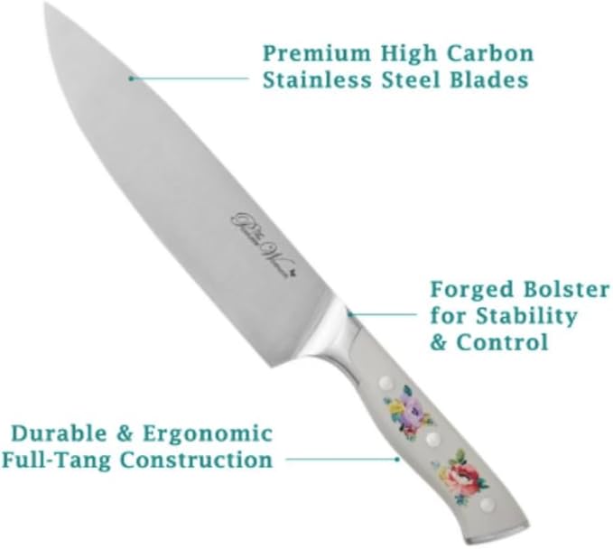 Pioneer Woman 14-Piece Stainless Steel Knife Block Set, Forged High-Alloy Blades, Full-Tang Handles, Acacia Wood Gray Floral