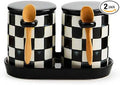 MACKENZIE-CHILDS Set of 2 Farmhouse Canister, Lidded Kitchen Canister with Spoon, Black-and-White Courtly Check