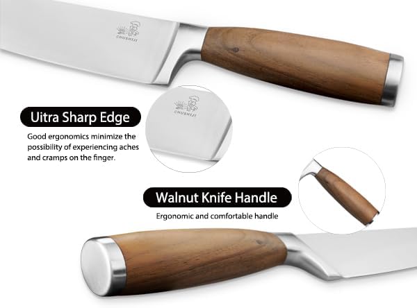 Knife Block Set（Walnut handle）, 7-Piece Black Kitchen Knife Set for Home, Anti-Rust Non-stick Stainless Steel Sharp Chef Knife Set with Universal Knife Block for Kitchen, Ergonomical Design (Black)