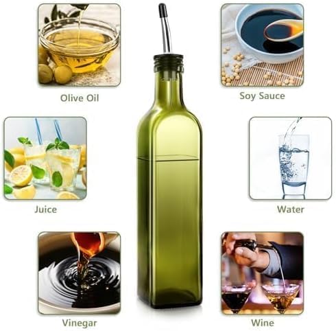 Olive Oil Dispenser Bottle, 1 Pcs Green Glass Olive Oil Dispenser and Vinegar Dispenser Set with 2 Stainless Steel Pourers, 2Labels,1 Brush and 1 Funnel Oil Bottles for Kitchen, 17 oz(500ml)