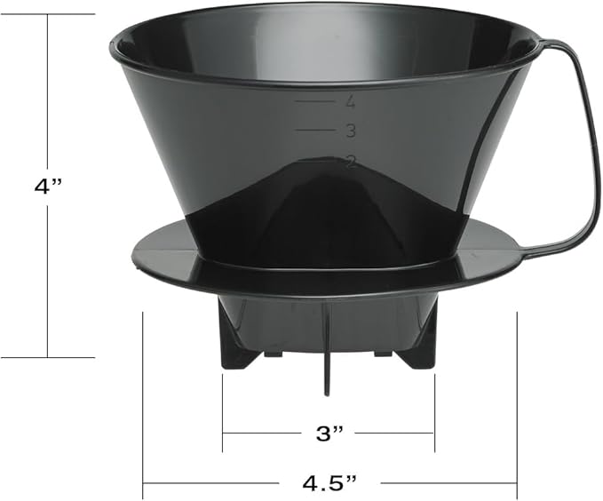 Fino Pour-Over Coffee Brewing Filter Cone, Number 4-Size, Black, Brews 8 to 12-Cups