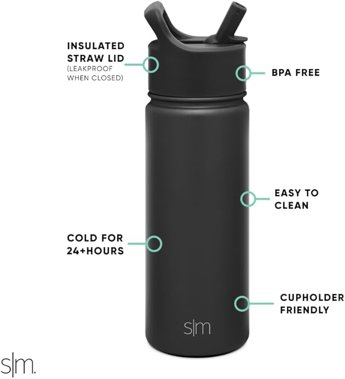Simple Modern Kids Water Bottle with Straw Lid Vacuum Insulated Stainless Steel Metal Thermos Bottles | Reusable Leak Proof BPA-Free Flask for School | Summit Collection | 18oz, Midnight Black