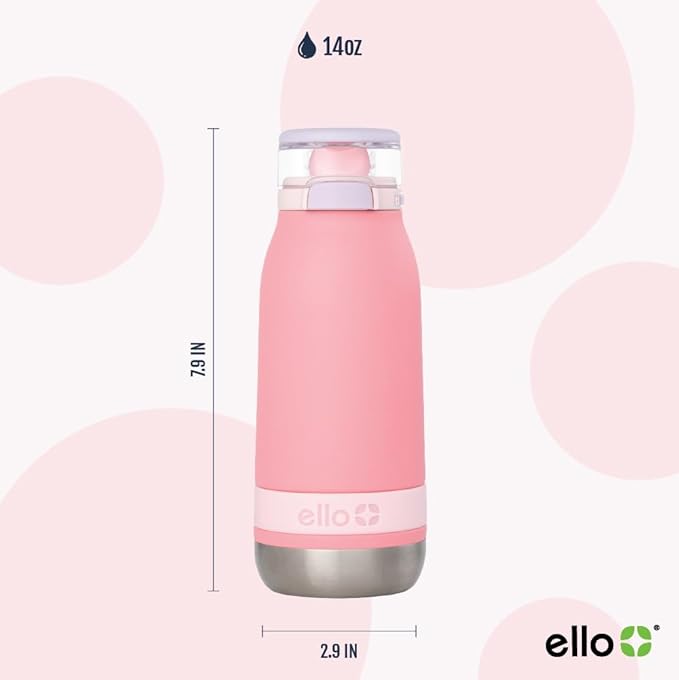 Ello Emma 14oz Vacuum Insulated Stainless Steel Kids Water Bottle with Straw and Built-in Carrying Handle and Leak-Proof Locking Lid for School Backpack, Lunchbox and Outdoor Sports